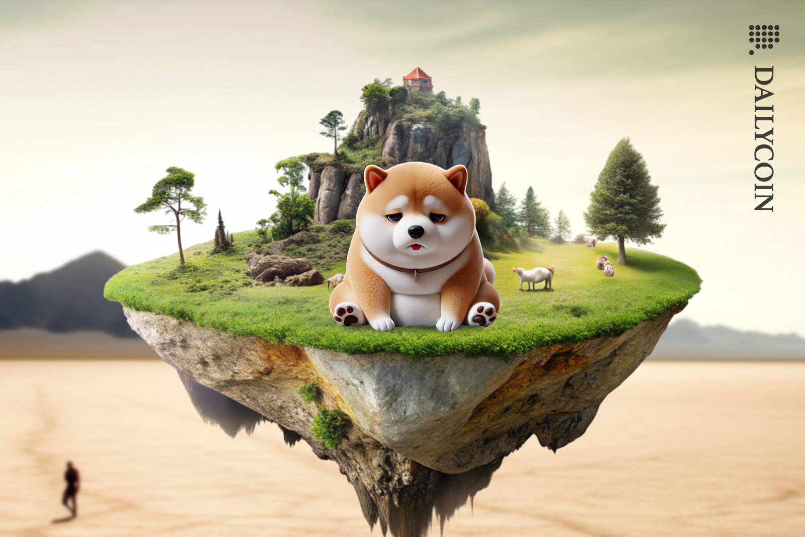 Shiba Inu sitting on a floating island in the middle of a dry land, looking fed up.