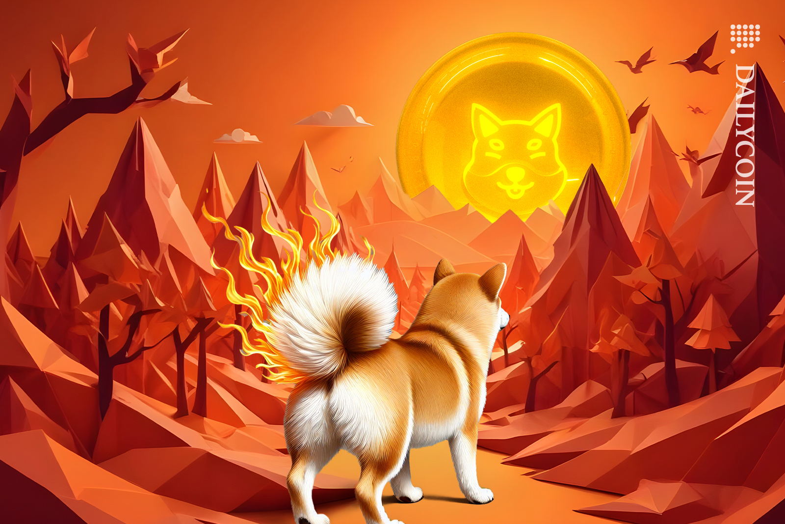 Shiba inu standing on his land with his tail on fire, walking towards the Shib coin sun.