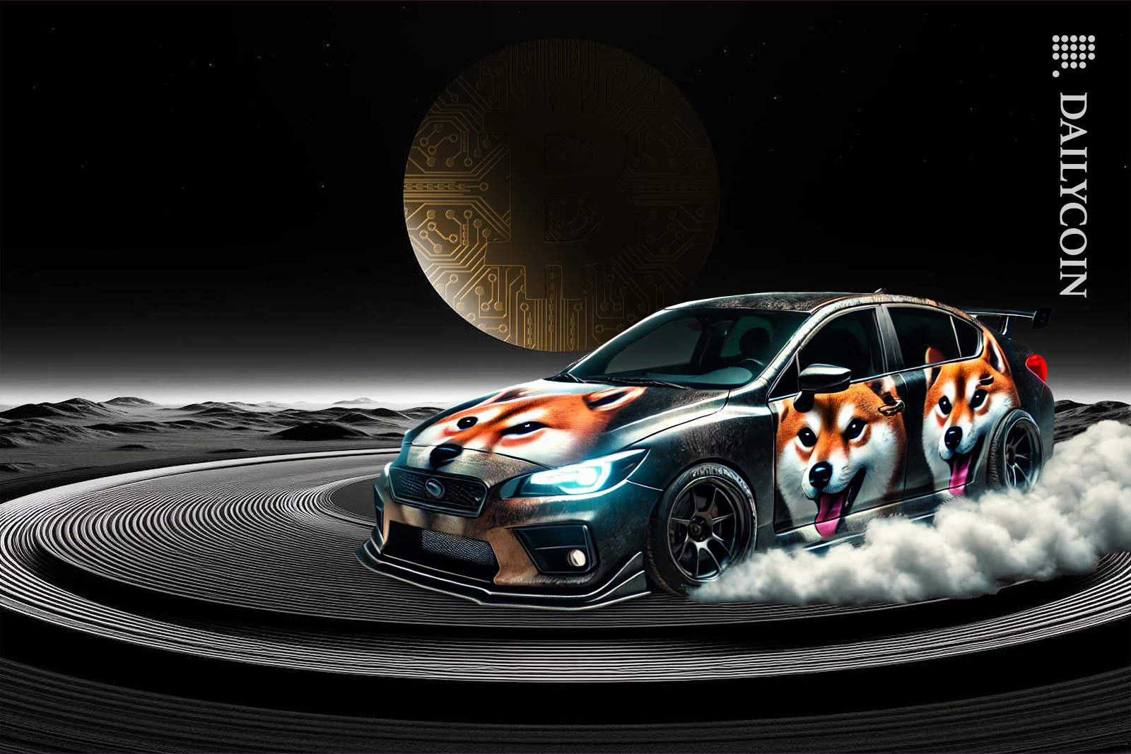 Shiba inu car spinning in circles whist the Bitcoin moon is in the dark.