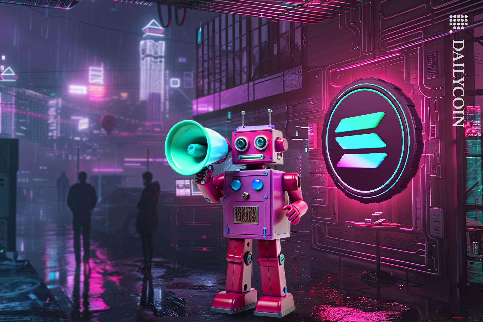 Little robot with a megaphone standing next to a Solana coin sign.