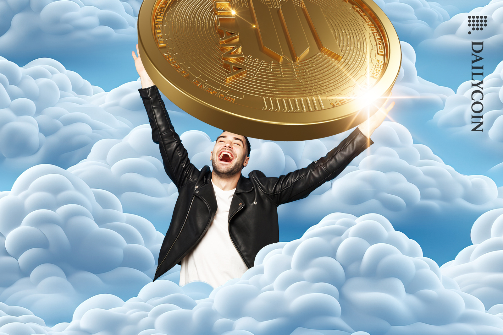 Guy happy in the clouds holding up a massive Solana coin.