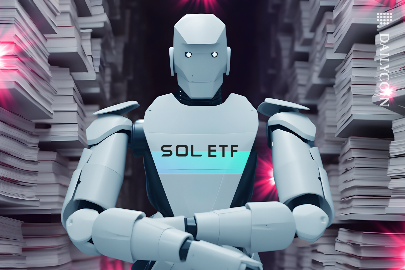 Sol ETF robot with ready documents smiling.