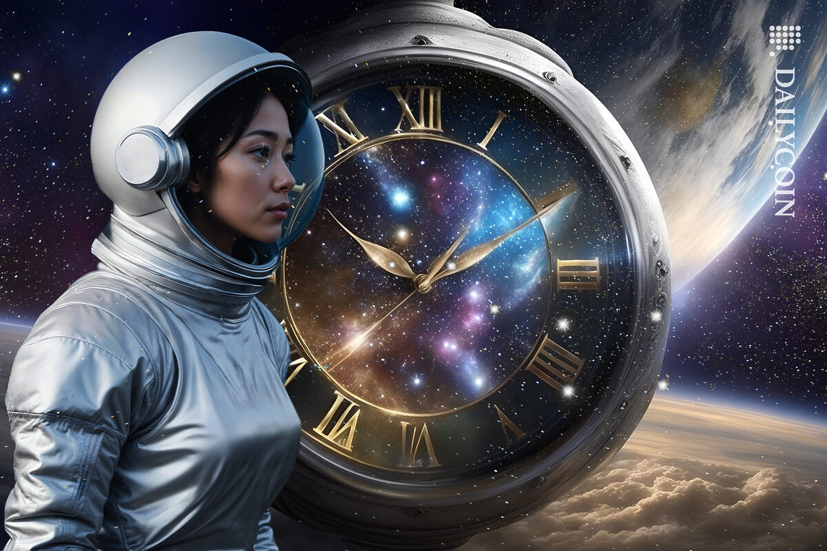 Astronaut lady in space with a huge clock.