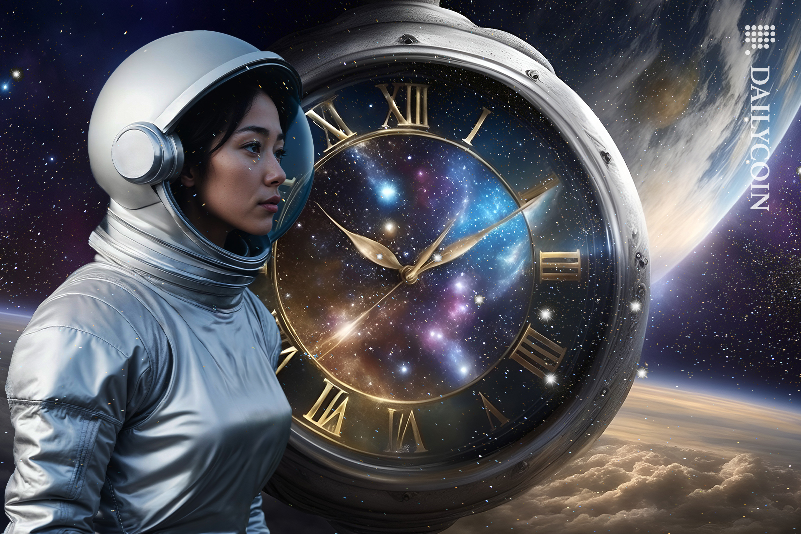 Astronaut lady in space with a huge clock.