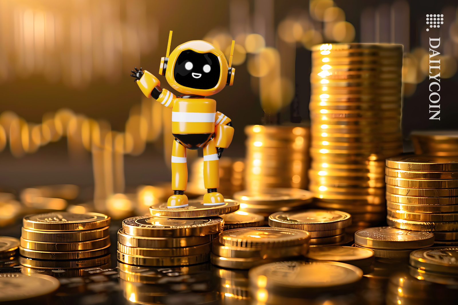 Little robot standing on coins stack, waving.