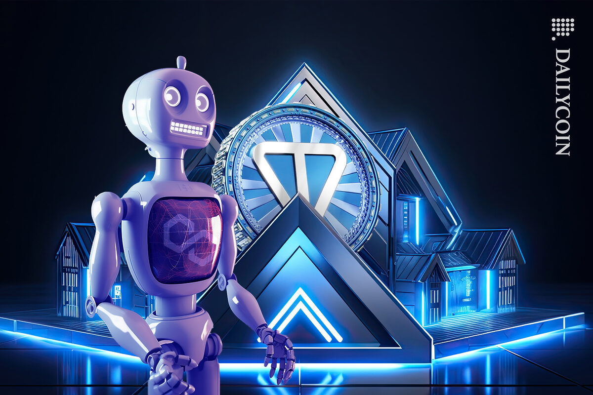 Polygon (MATIC) robot smiling happy next to the building works of TON Token.