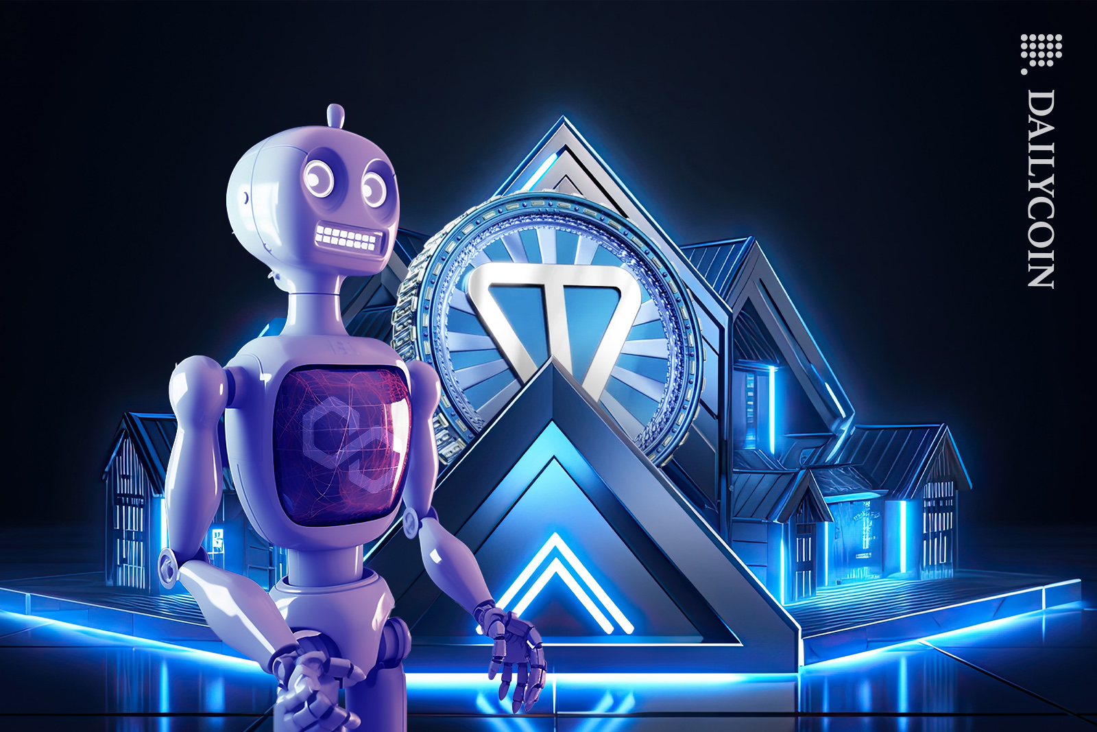 Polygon (MATIC) robot smiling happy next to the building works of TON Token.