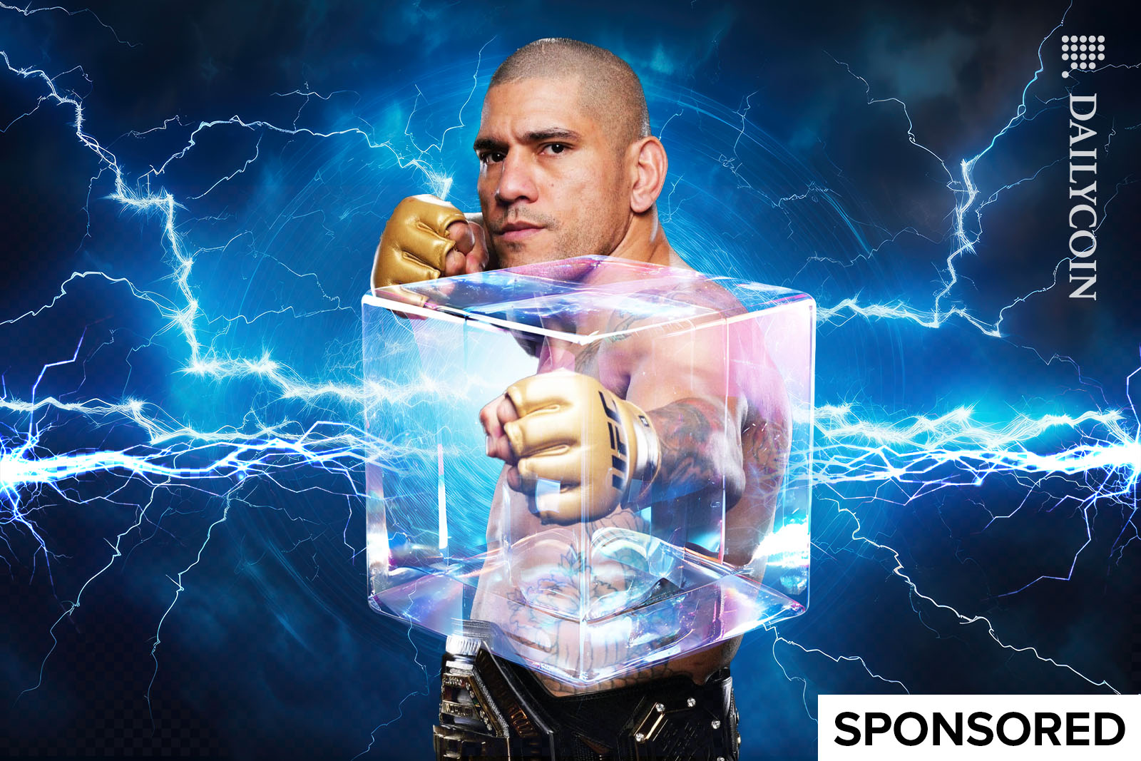 UFC Champ Alex Pereira punches a digital blockchain cube.