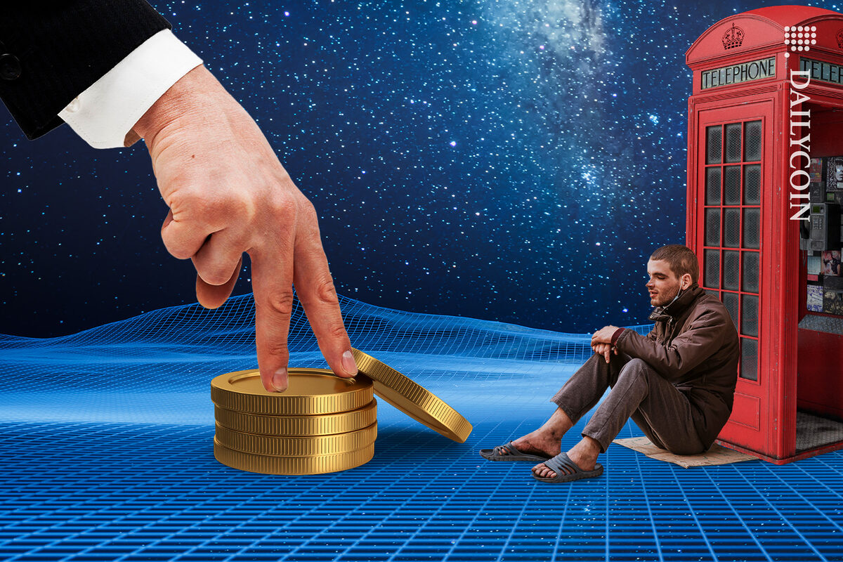 Homeless guy seeing coins being slid in on a UK digital land by a business man's hand.