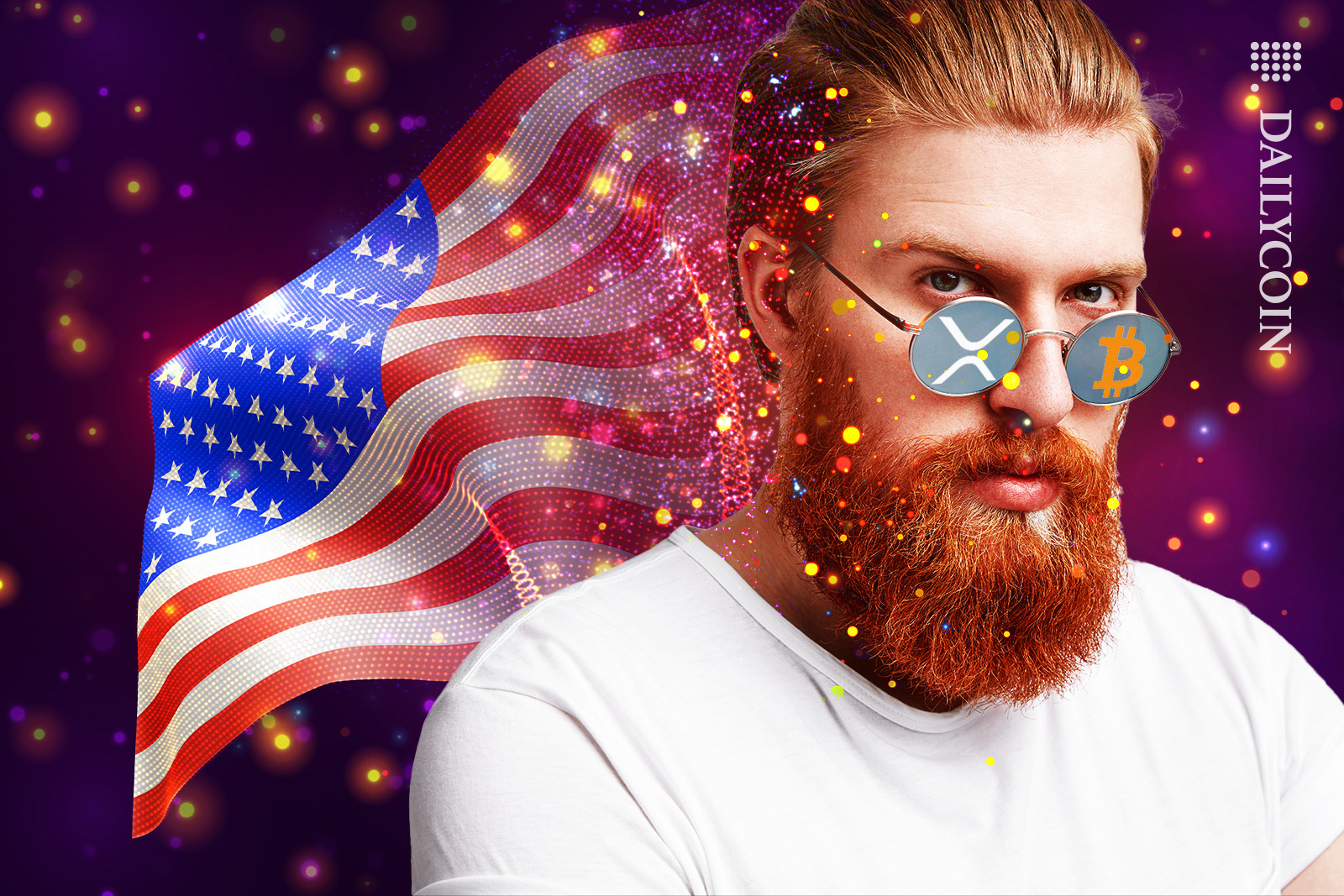 Guy wearing sunglasses with XRP and BTC. Behind him the American flag, glowing with digital particles.