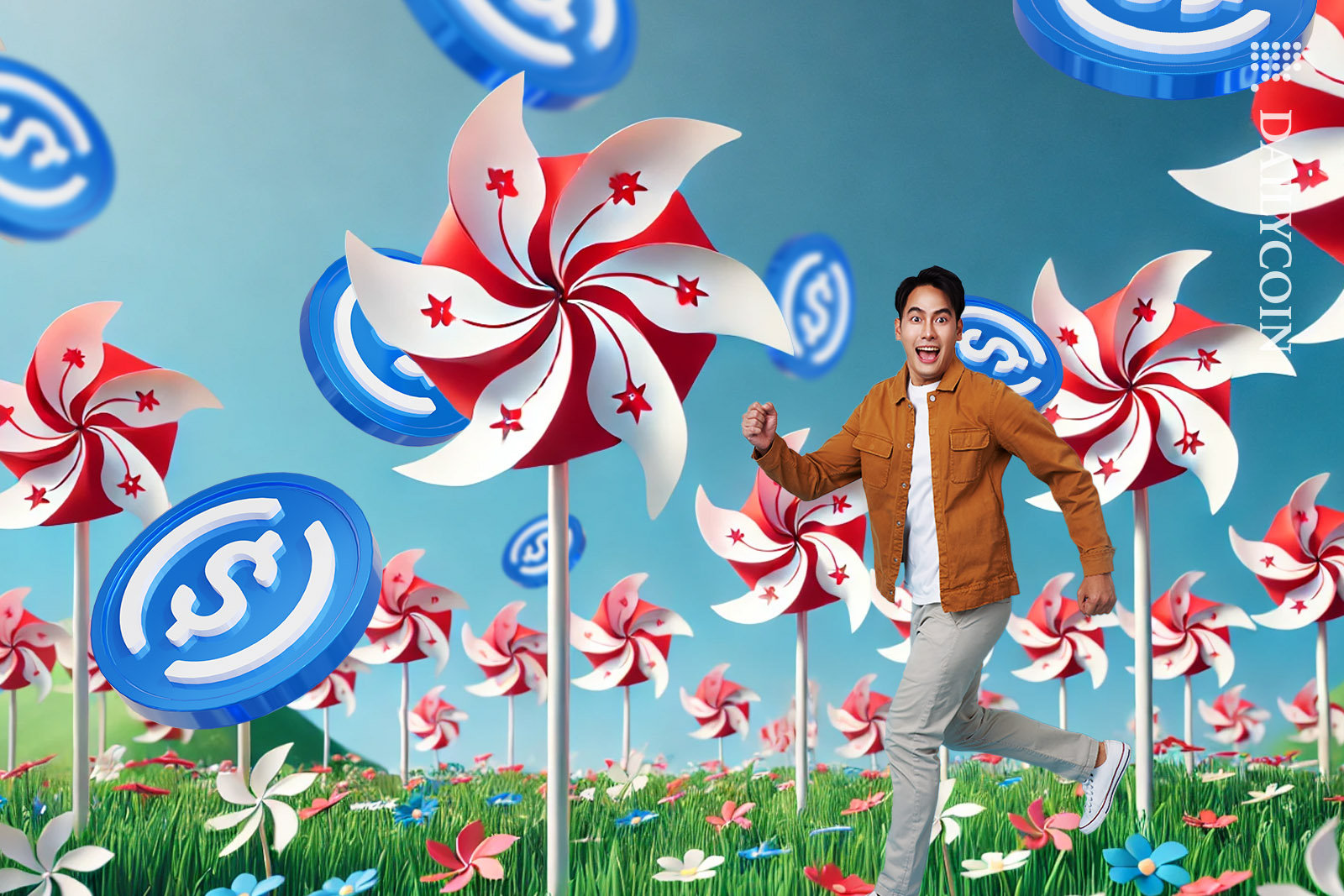 Guy walking on a colourful Hong Kong windmill land which is spreadind USDC tokens.