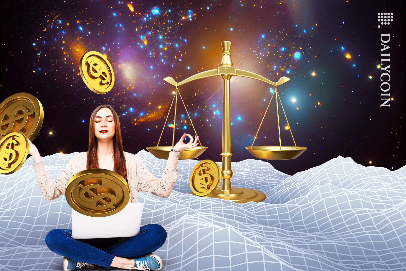 Girl meditating with her laptop with the law scales behind her. Stablecoins going in circles around her.