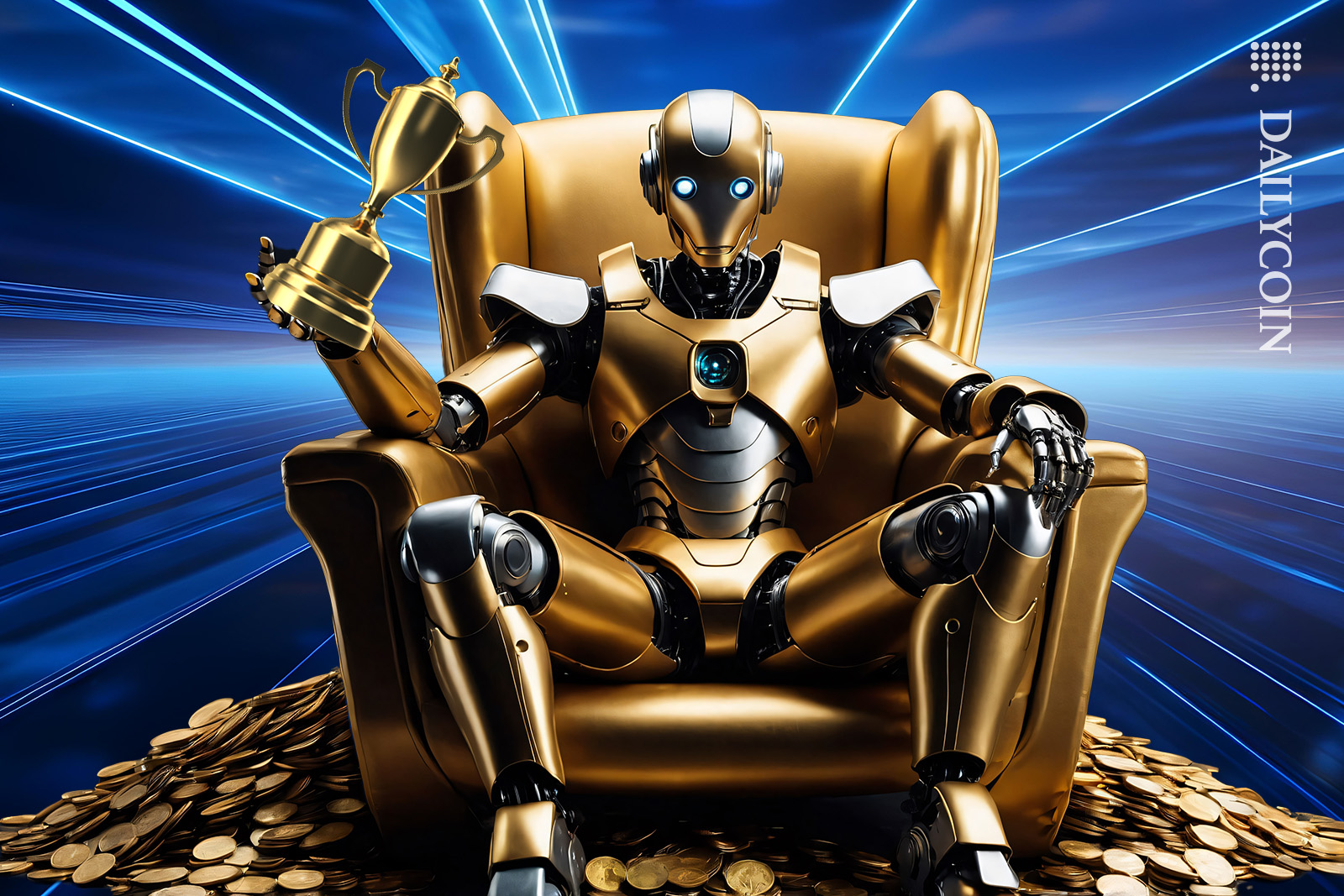 Robot sitting on armchain with coins, holding a trophy.