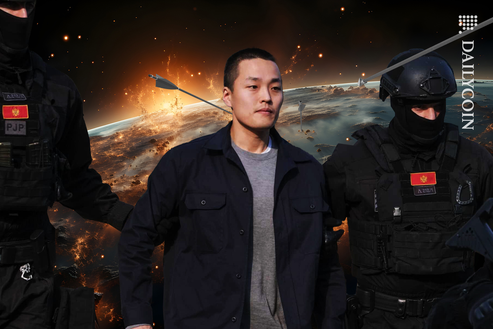 Three arrows trying to hit Do Kwon whilst he is escorted with security.