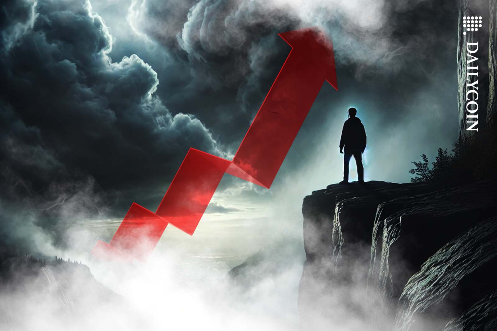The silhouette of a man standing on a cliff staring at a big red arrow going up to the sky.