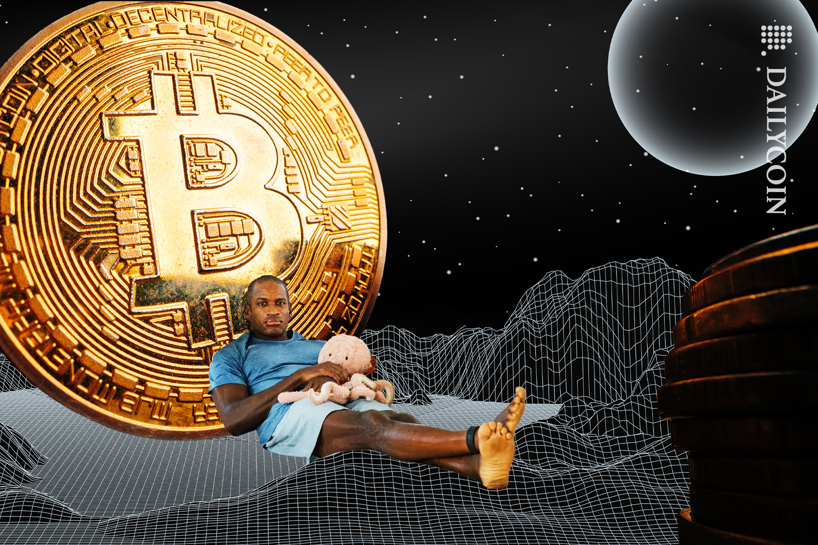 Arthur Hayes chilling on digital land, leaning on a massive bitcoin.