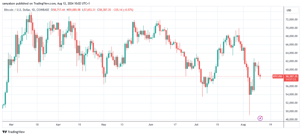 Bitcoin daily chart showing a reversal of the relief rally per Trading View.
