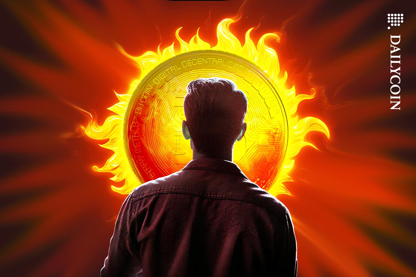 Man staring at a huge flaming bitcoin.