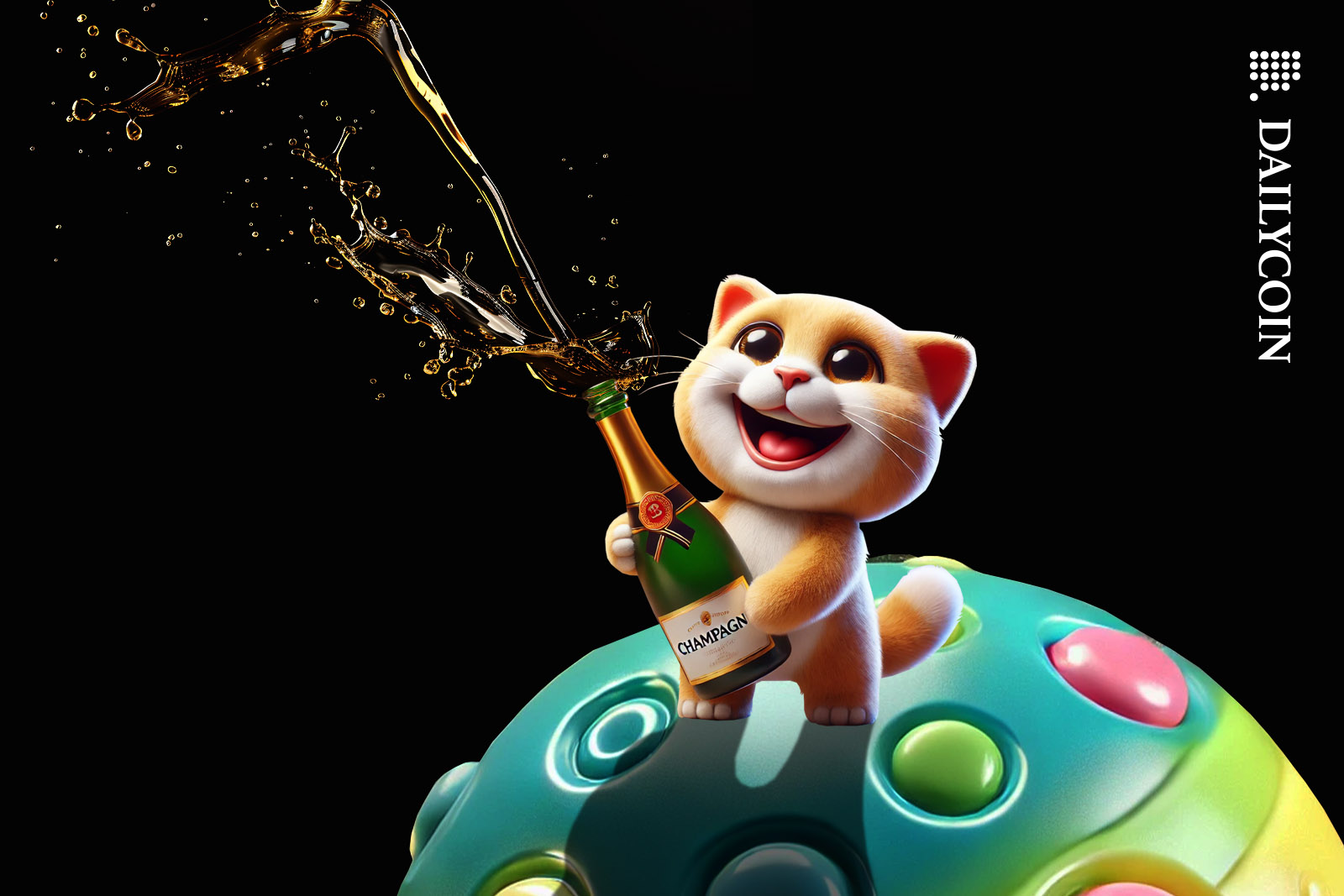 Little toy kitten celebrating with champagne on a toy planet.