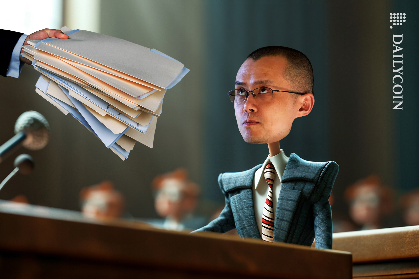 Hand gives Changpeng Zhao new set of documents in court.