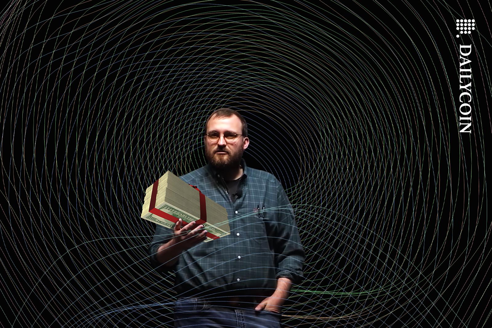 Charles Hoskinson of Cardano offering a big stack of money as a gift.
