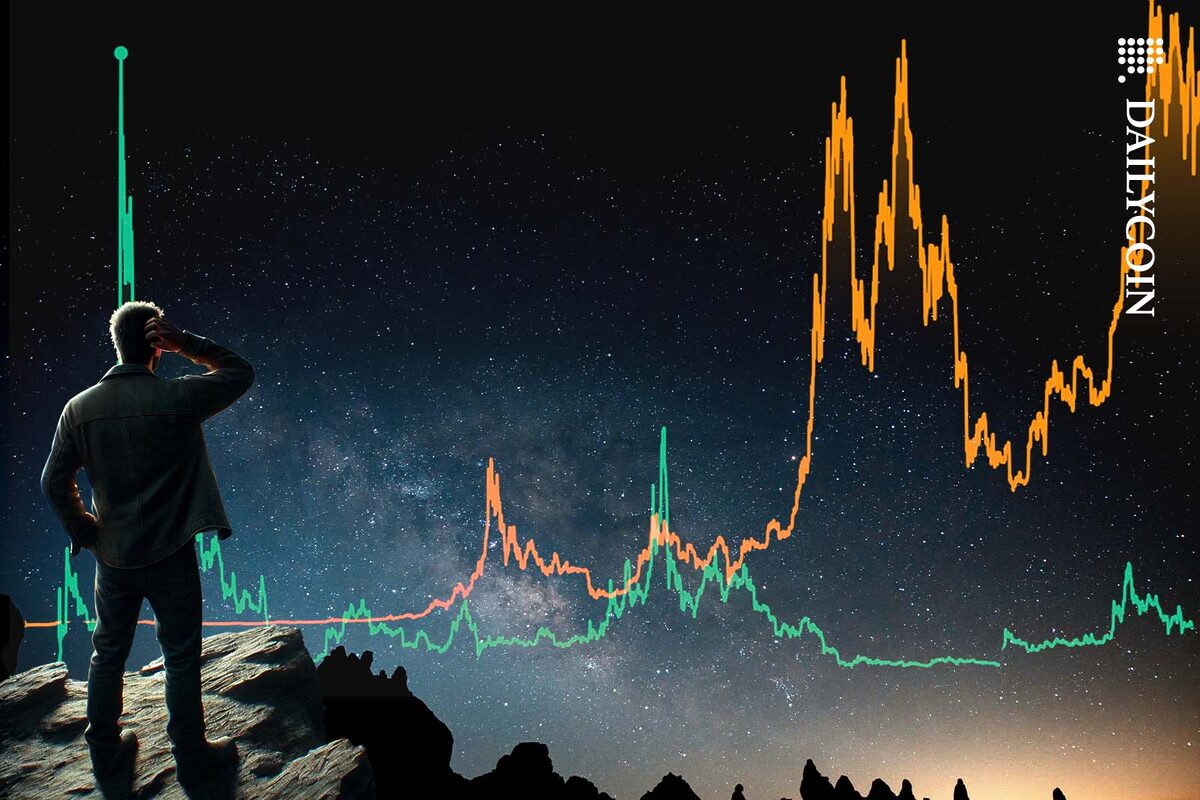 Man Staring at the night sky with two very different charts projected on it.
