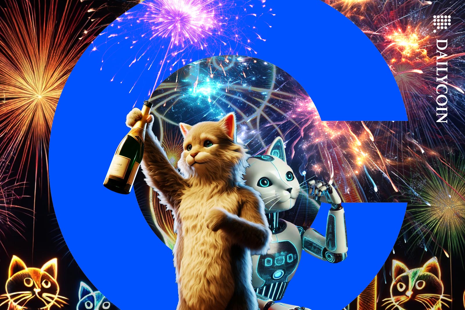 Cats celebrating with Champagne and fireworks in front of a Coinbase logo.