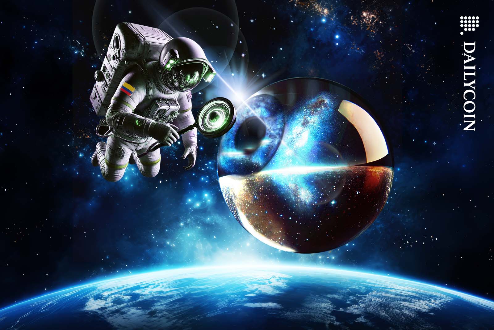 A Colombian Astronaut examining a eye looking sphere in space.