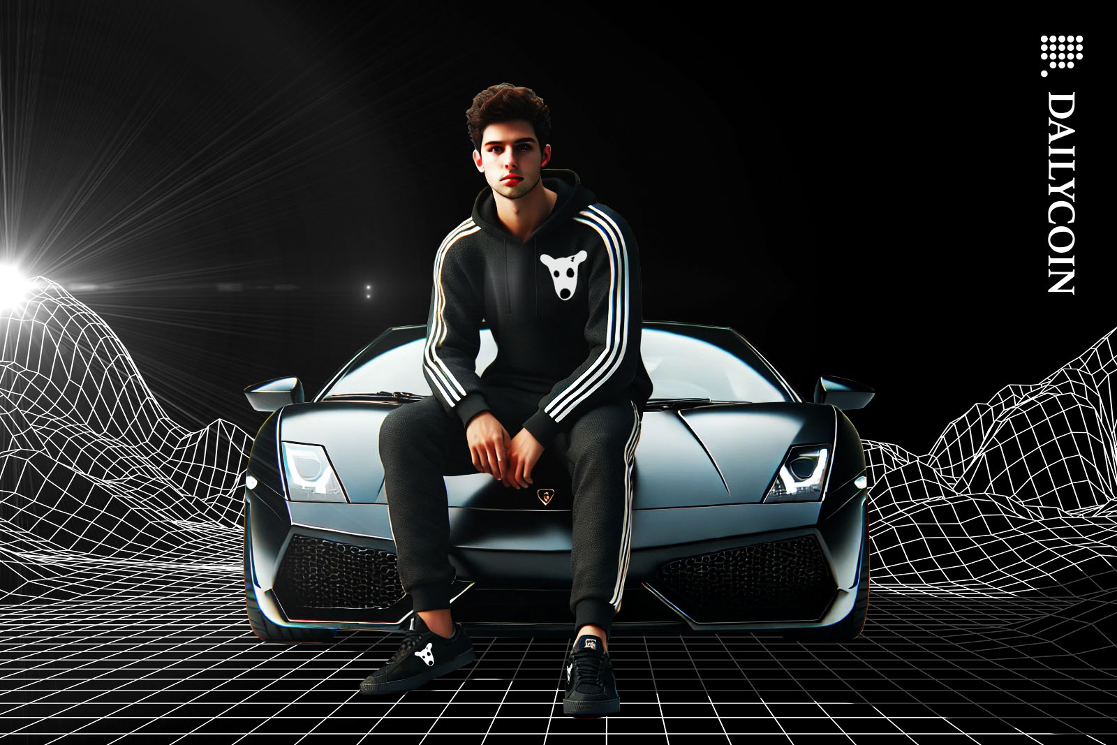 Young guy wearing black DOGS tracksuit sitting on a Lamborghini Gallardo.