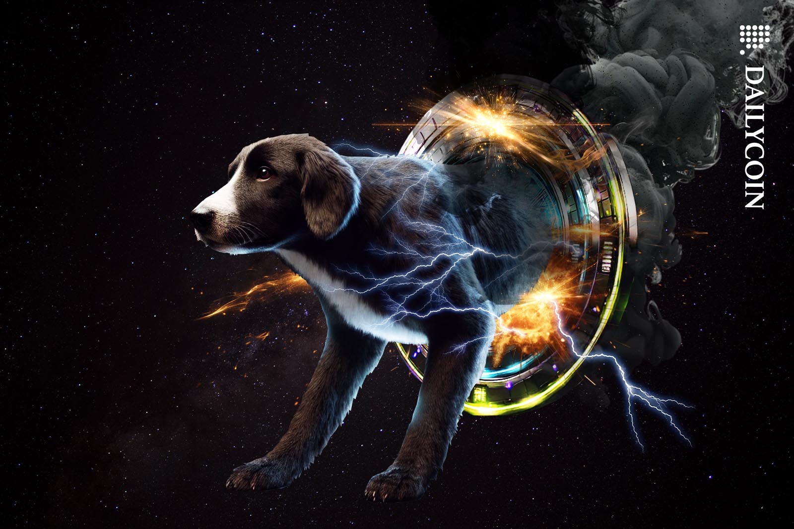 A gigantic dog stuck in a digital disintegrating wormhole in space.