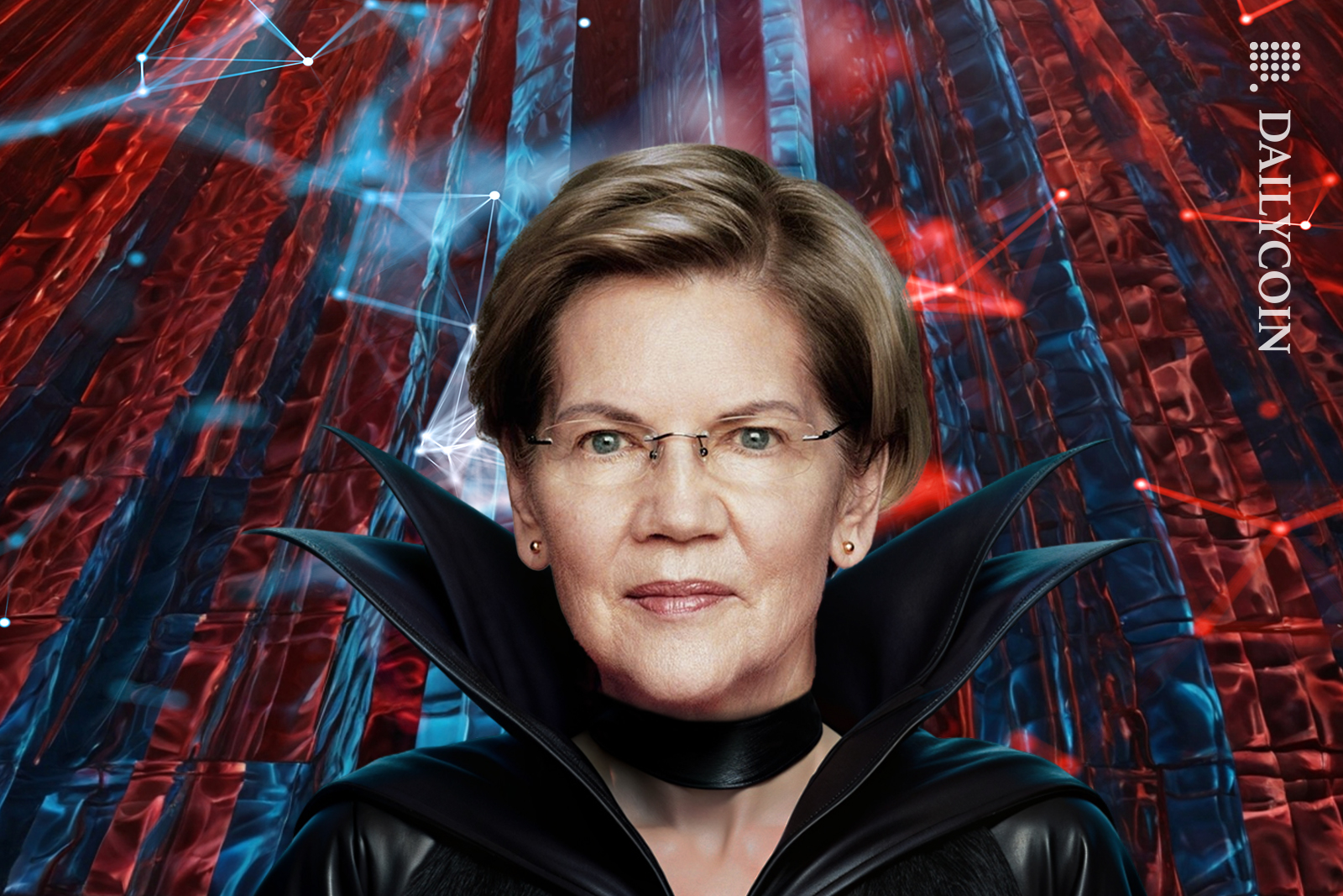 Elizabeth Warren dressed as a crypto villain.