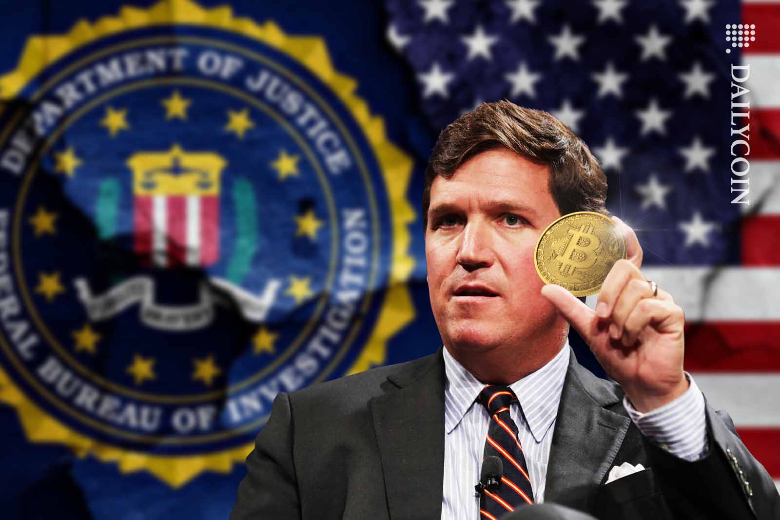 Tucker Carlson Holding a Bitcoin in front of a huge FBI logo.