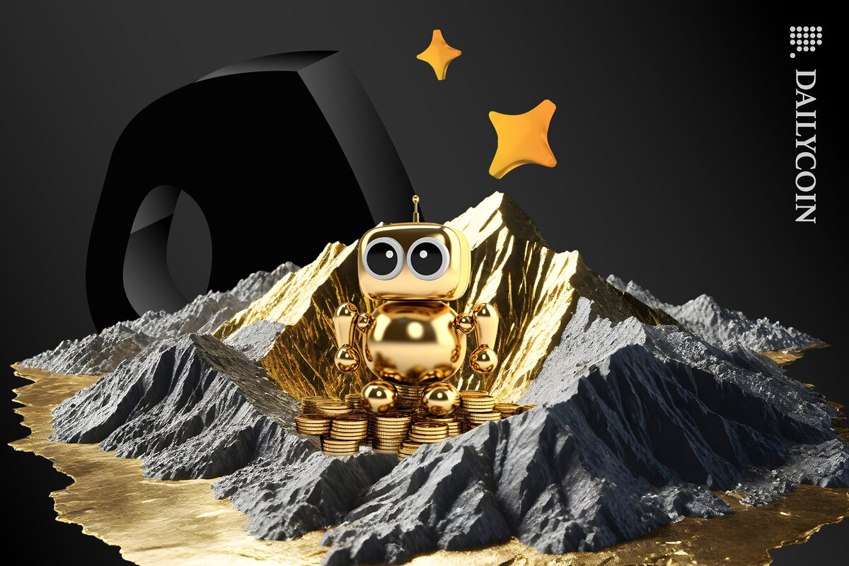 Robot on a gold FreeBNK land with coins.