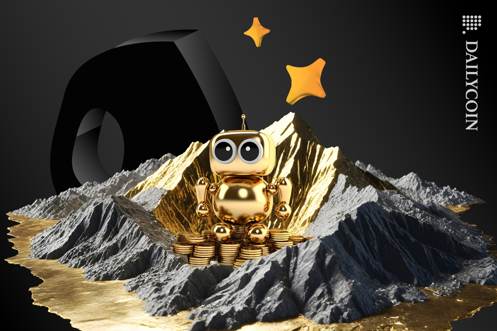 Robot on a gold FreeBNK land with coins.