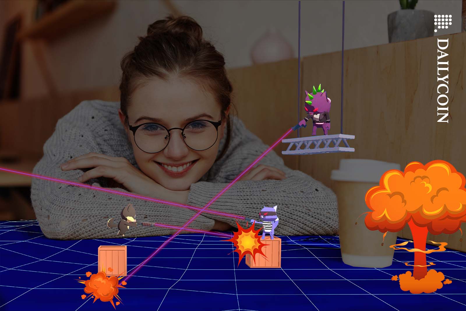 Girl watching some computer game characters fighting it out on a table top.