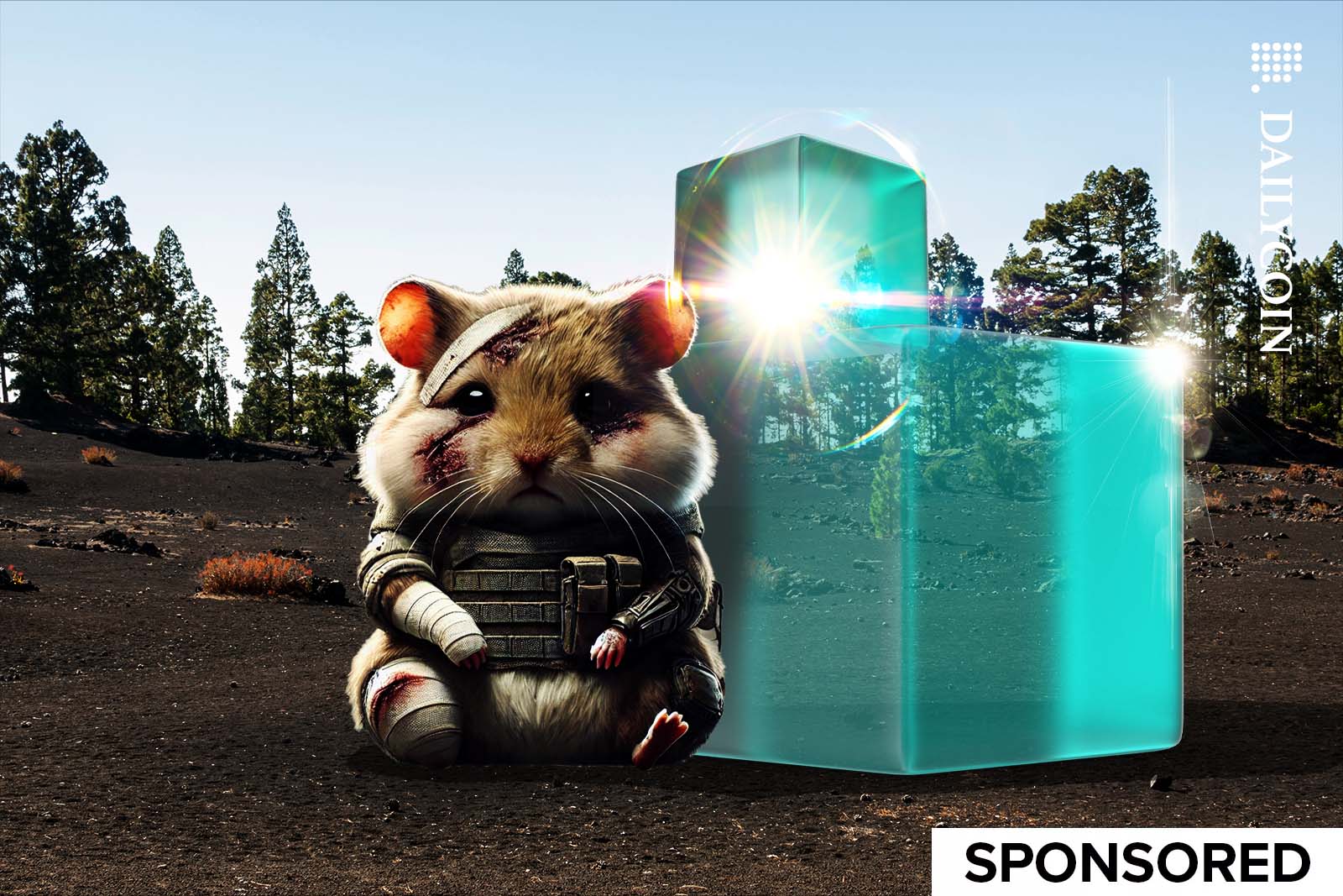 A beaten and sad kombat hamster sitting next to a glass cube.