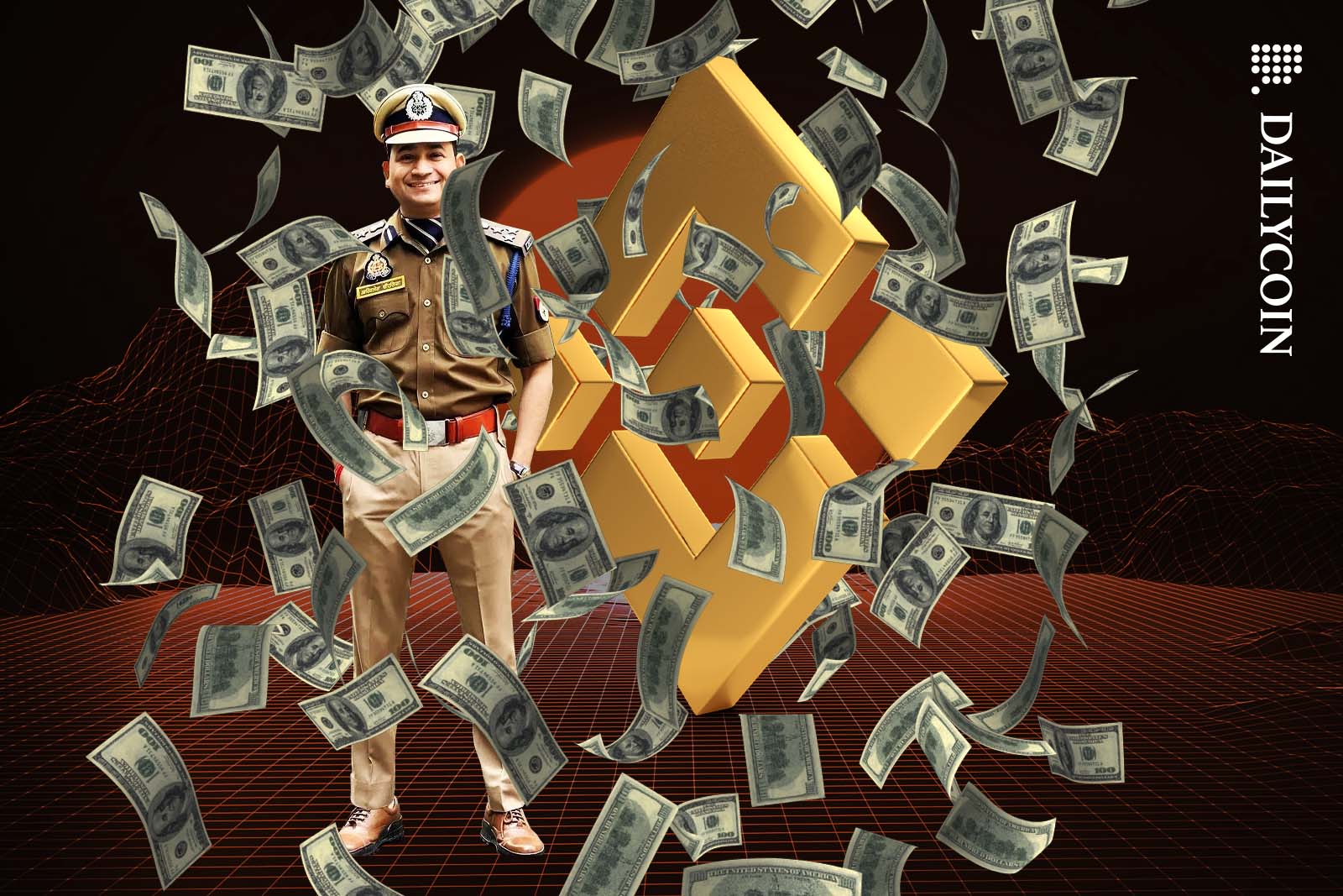Indian police office posing all jolly in front of a Binance logo as money falls from the sky.
