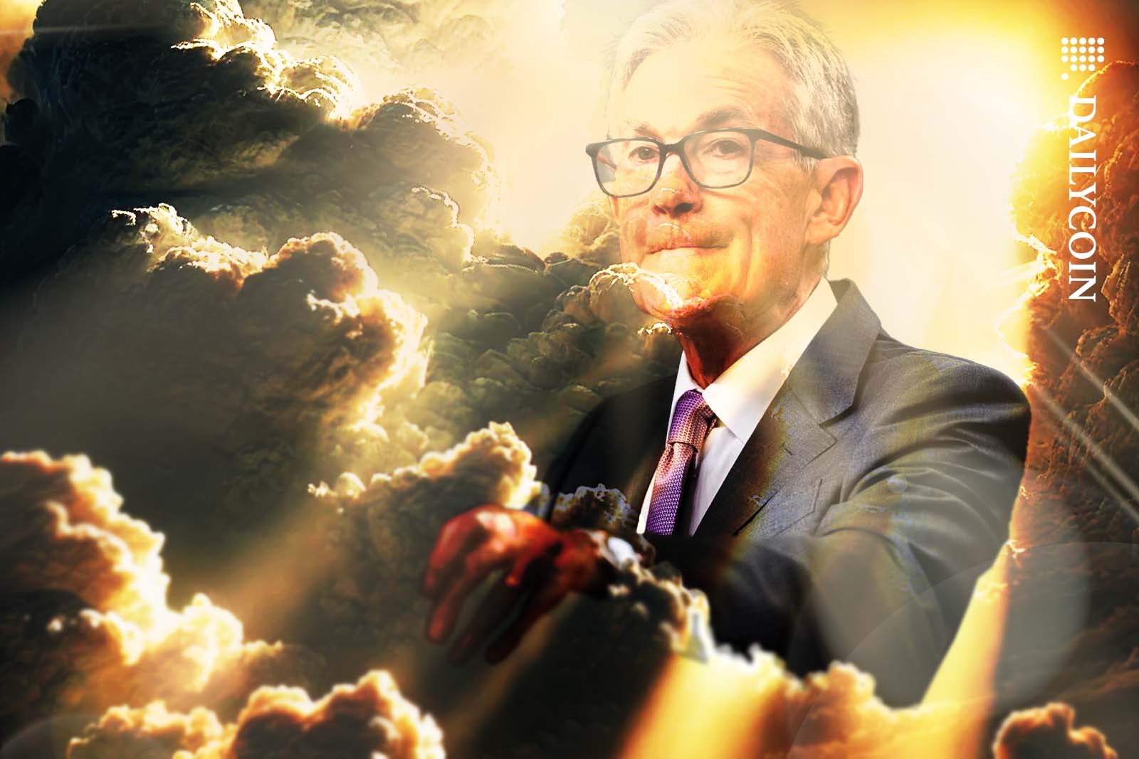 Jerome Powell appearing between huge clouds with strong sunlight.