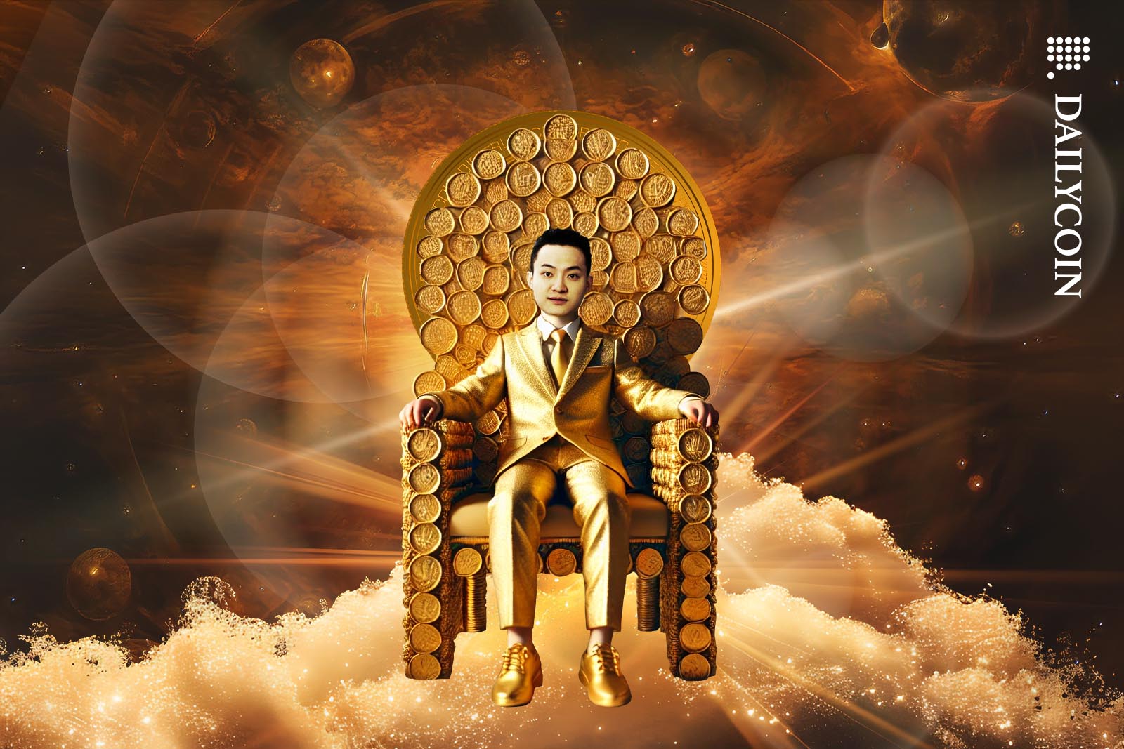 Justin Sun sitting in a golden throne on a golden cloud.