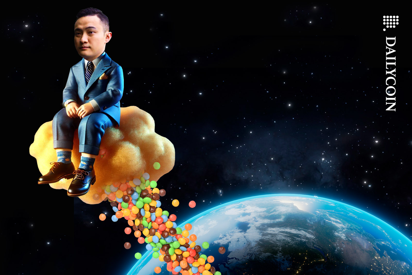 Justin Sun Cruising in space on a golden cloud, dumping colorful candy on Earth.