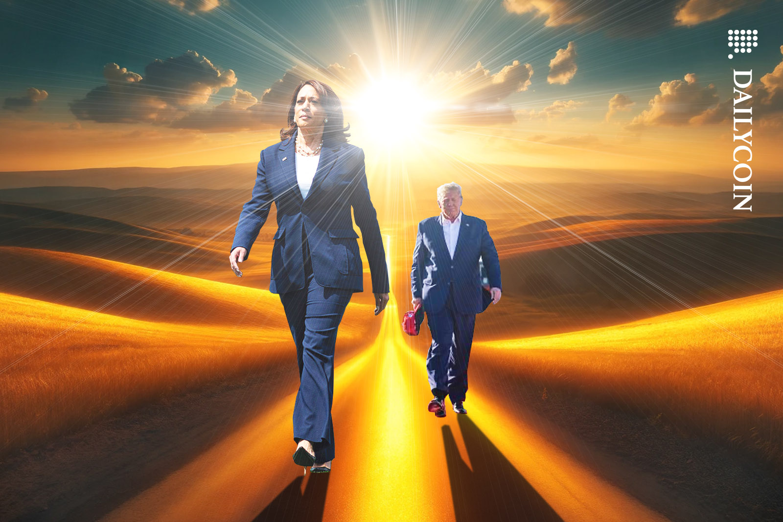 Kamala Harris walking proudly in a dreamy landscape with Donald Trump in the background.