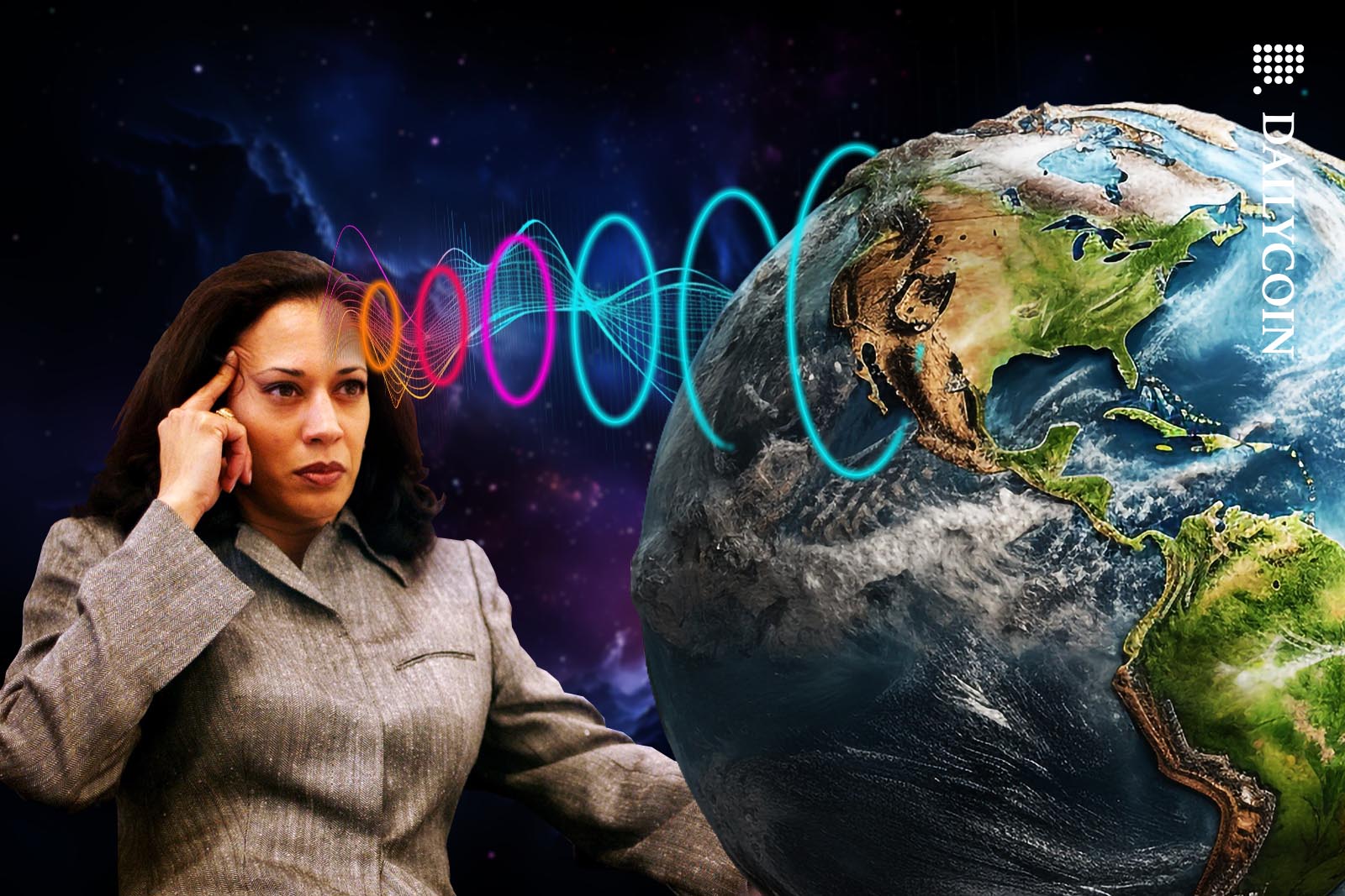Kamala Harris using some sophisticated telepathic mind control technique to control the population of the globe.
