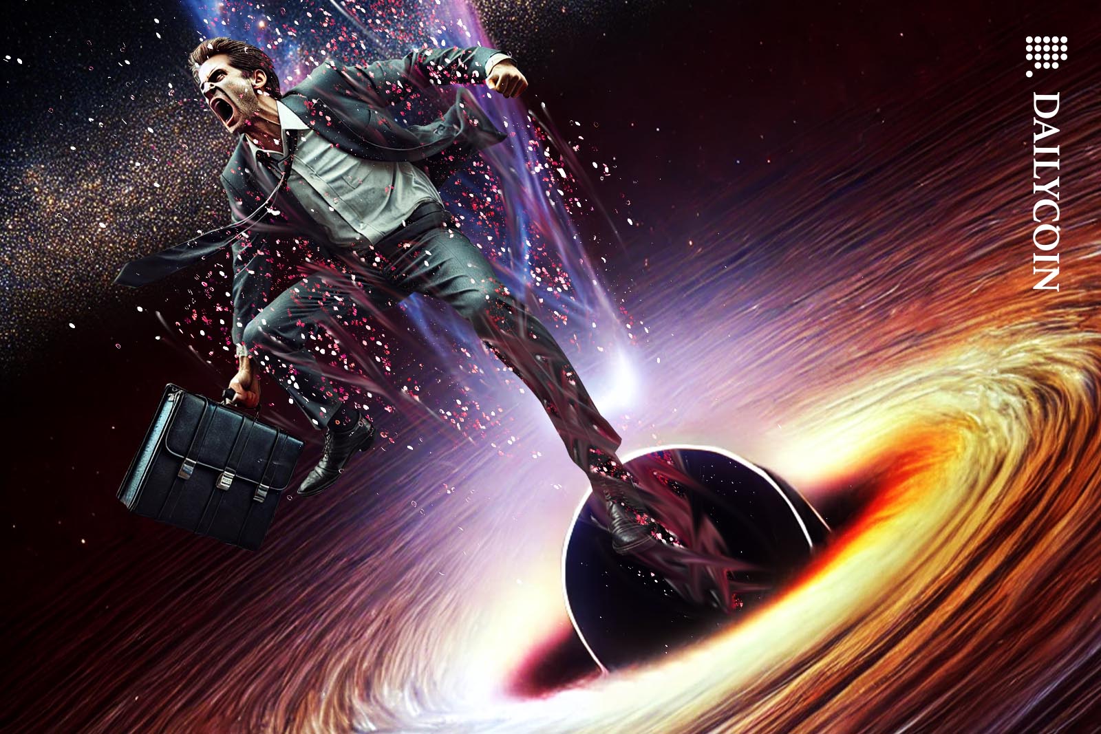 A lawyer being sucked into a blackhole in space.