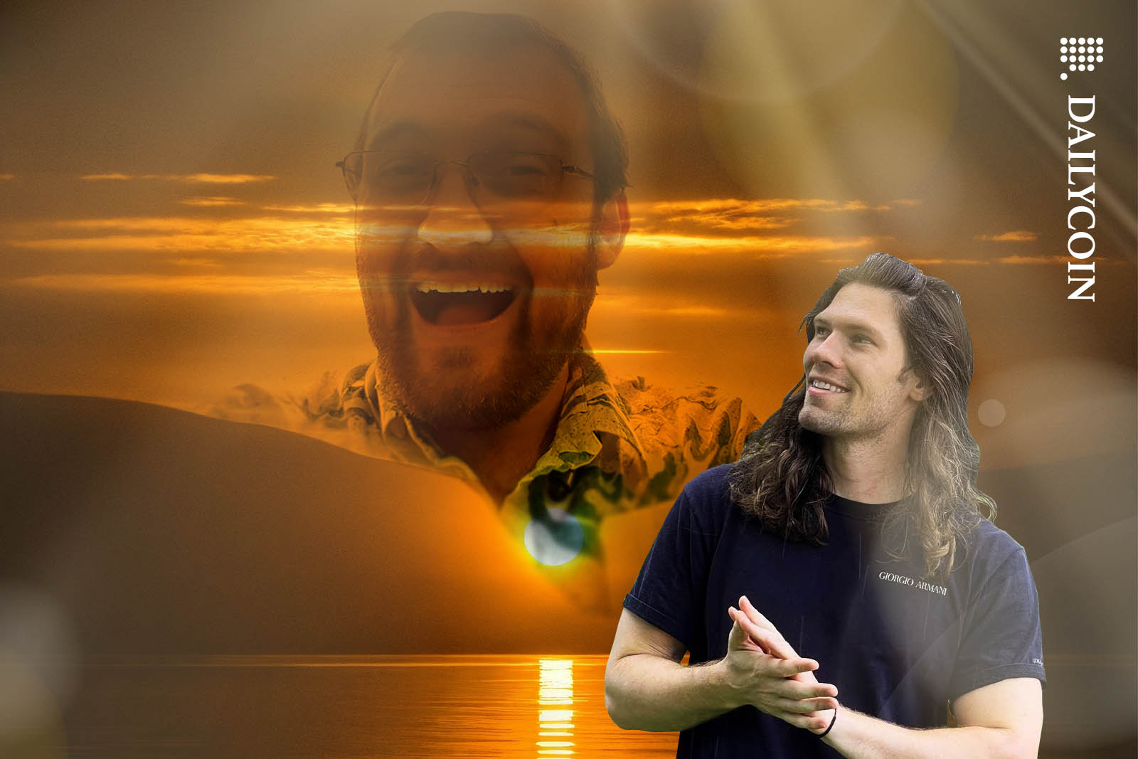 Max Maher smiling as looking at Charles Hoskinson appearing on the sky also smiling.