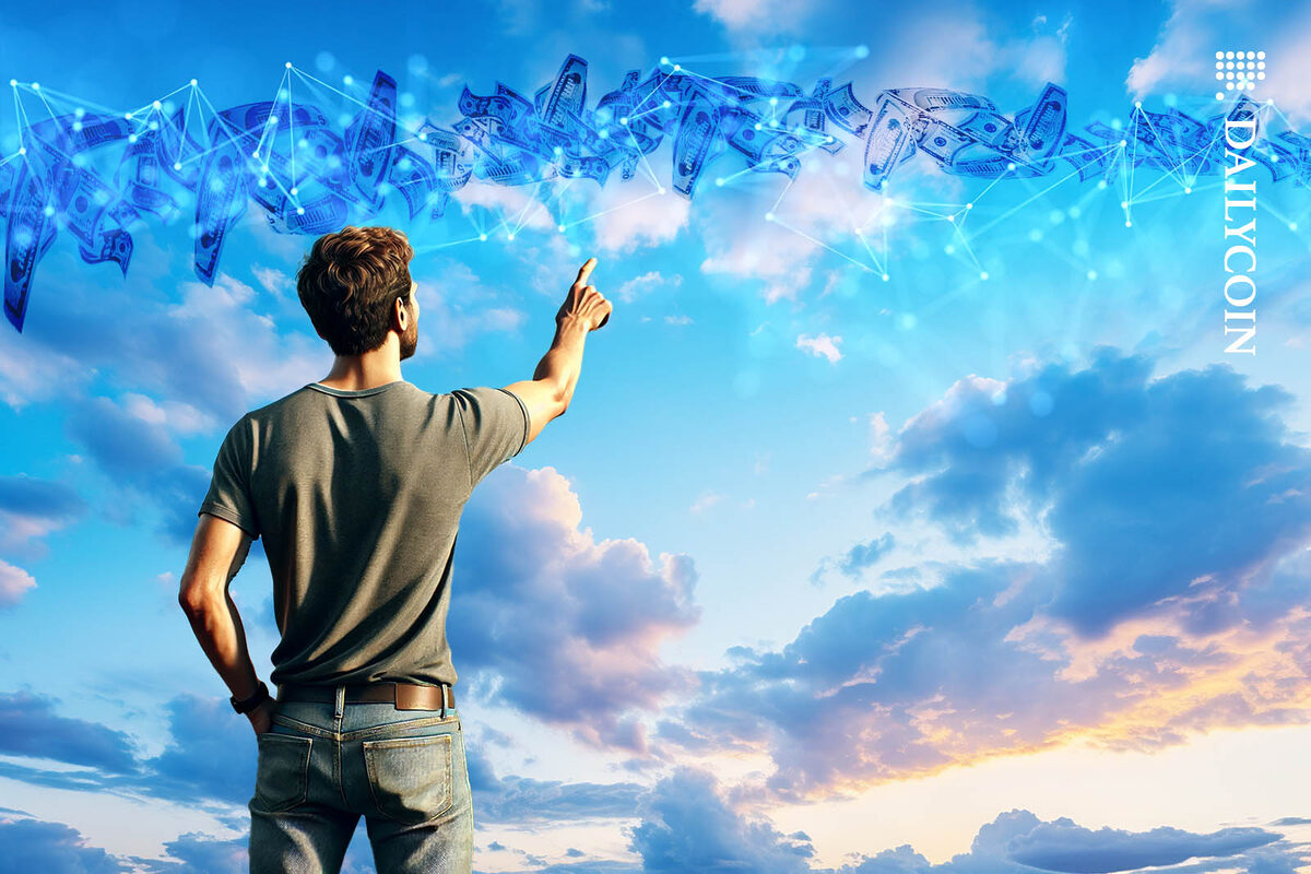 Man pointing at the sky as money flying across it.