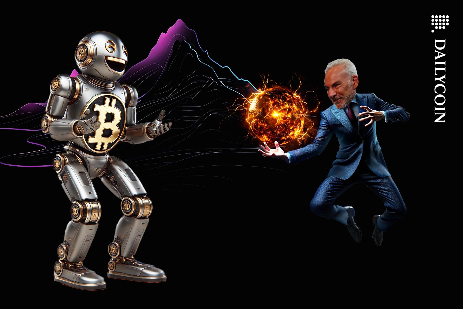 Peter Schiff attacking a Bitcoin robot with a fireball.