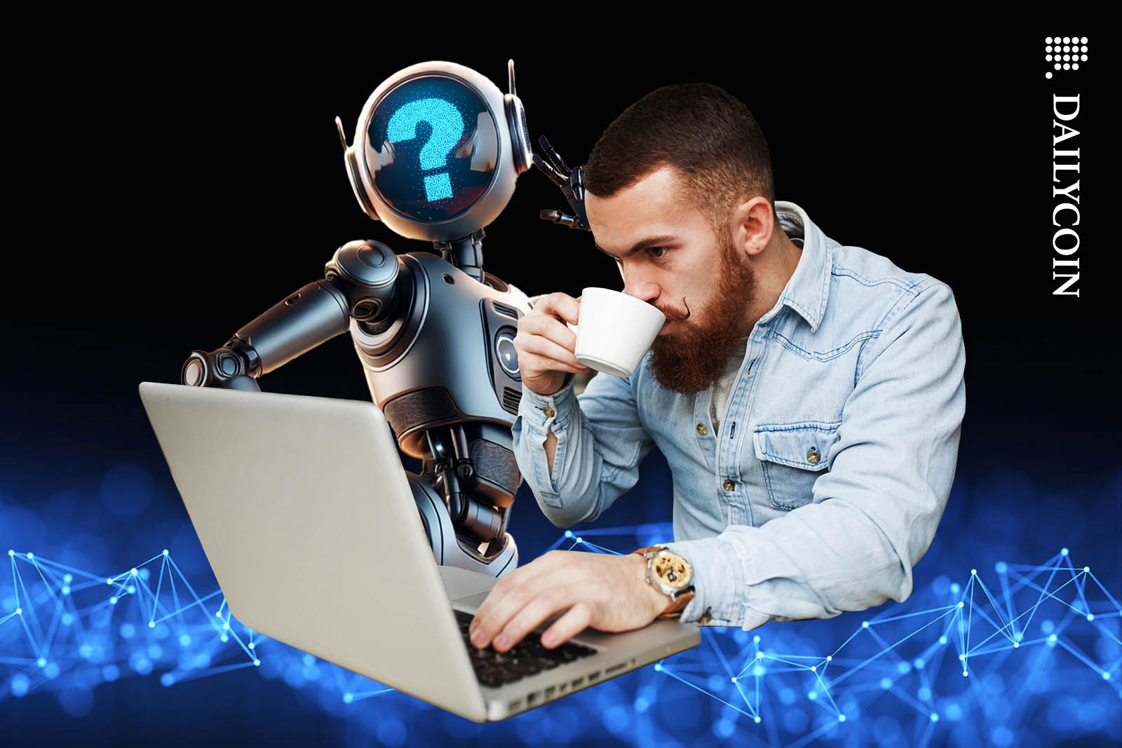 Robot with a question mark for a face posing for the camera behind a man working on his laptop.