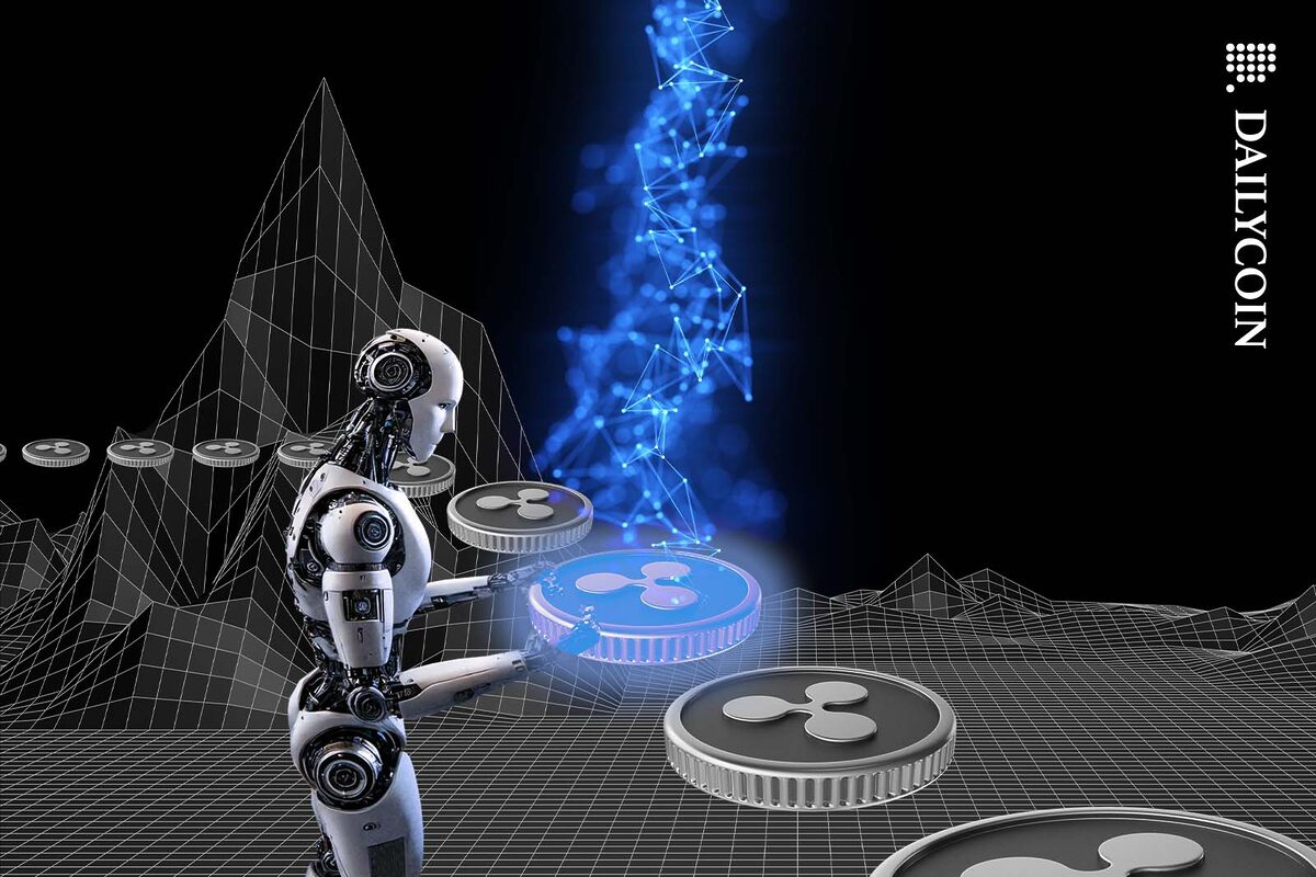 A futuristic robot charging up Ripple coins with energy.