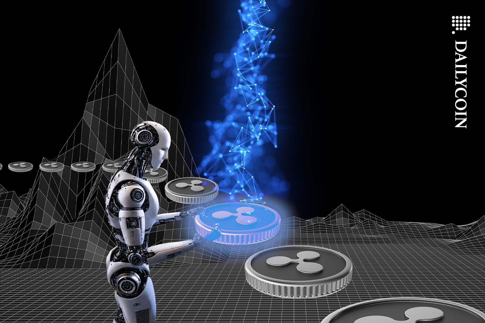 A futuristic robot charging up Ripple coins with energy.