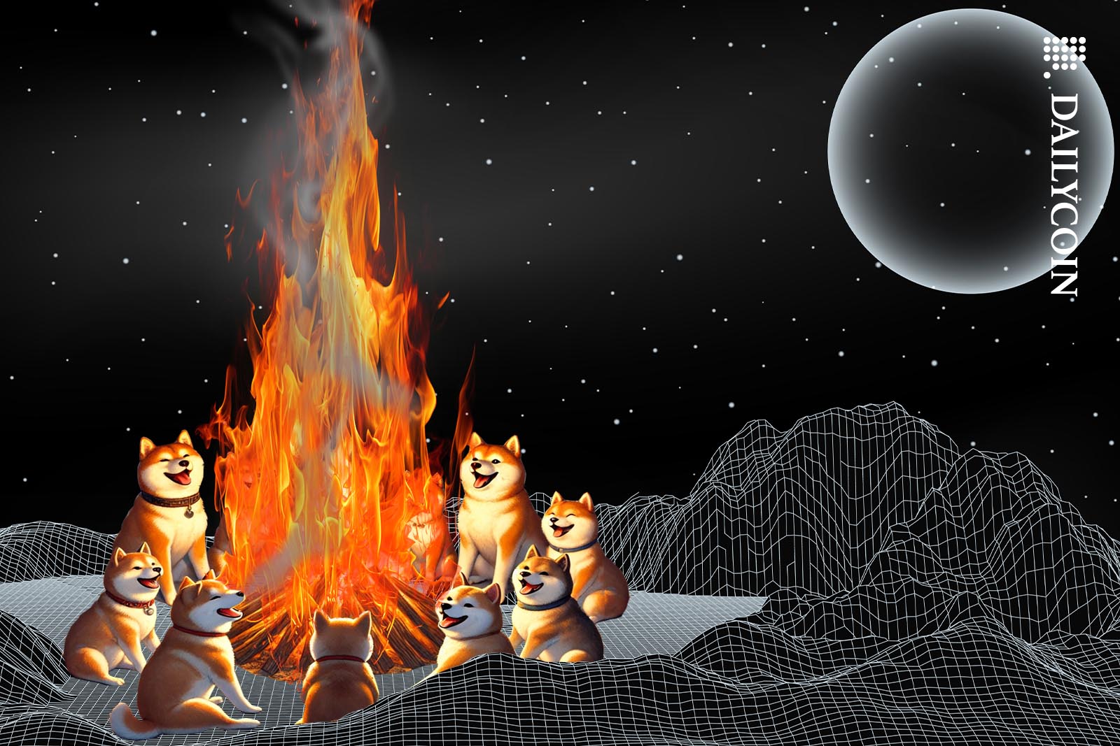 Group of Shiba inu dogs sitting around a bonfire looking jolly.